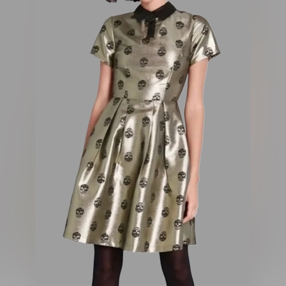 NWT Metallic Gold Collared Mini Dress with Black Jacquard Skull Pattern, Size 12
